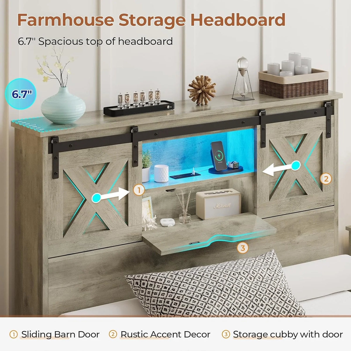 Twin XL Size Bed Frame with Headboard and Drawers, Farmhouse Twin XL Platform Bed Frame with LED Lights and Charging Station, No Box Spring Needed,Gray