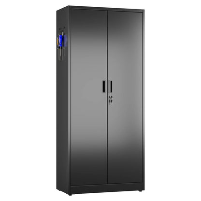 Aobabo 71.41''H Metal Garage Storage Cabinet with Lockable Doors and Hanging Rod,Broom Closet Storage Cabinet with Pegboard and Adjustable Shelves for Home Office School,Required Assembly,Black