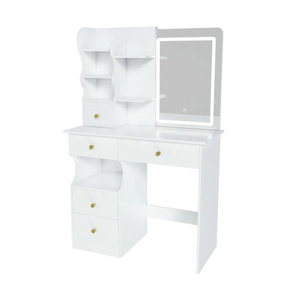 Kadyn Vanity Desk with Lighted Mirror, Vanity Table and Chair Set with 2 Drawers, Dressing Table Makeup Desk with 1 Door, Retro Gray