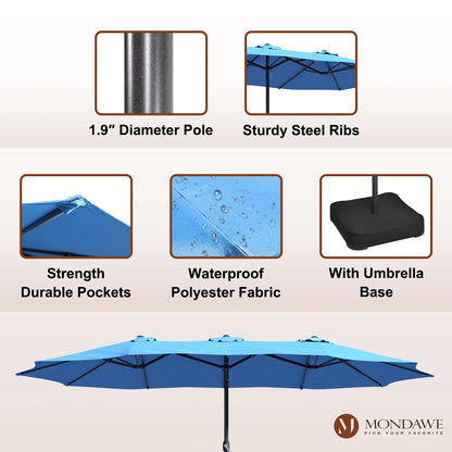 Mondawe 15ft Patio Umbrella Rectangular Outdoor Market Umbrella with Base and LED Lights Beige