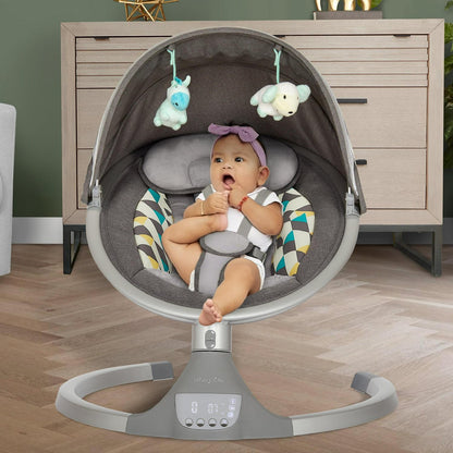 Dream On Me Zazu Baby Swing. Baby Swing for Infant. 5 - Swinging Speed. Two Attached Toys. Bluetooth Enabled and Remote Control. Grey and Blue