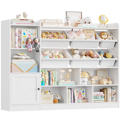 Hiphuta 55"In Kids Bookcase with Toy Storage Organizer, Wood Cube Bookcase Toy Chest of 8 Compartments & 6 Movable Bins, Bookshelf for Kids Bedroom, White