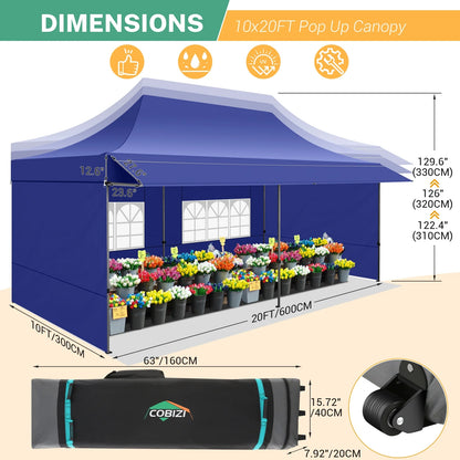COBIZI 10x20 Pop Up Canopy Heavy Duty Party Tent with Removable Awning and Sidewalls,Easy Up Outdoor Wedding Canopy,Gazebo All Season Windproof&Waterproof with Roller Bag UPF 50+,Black