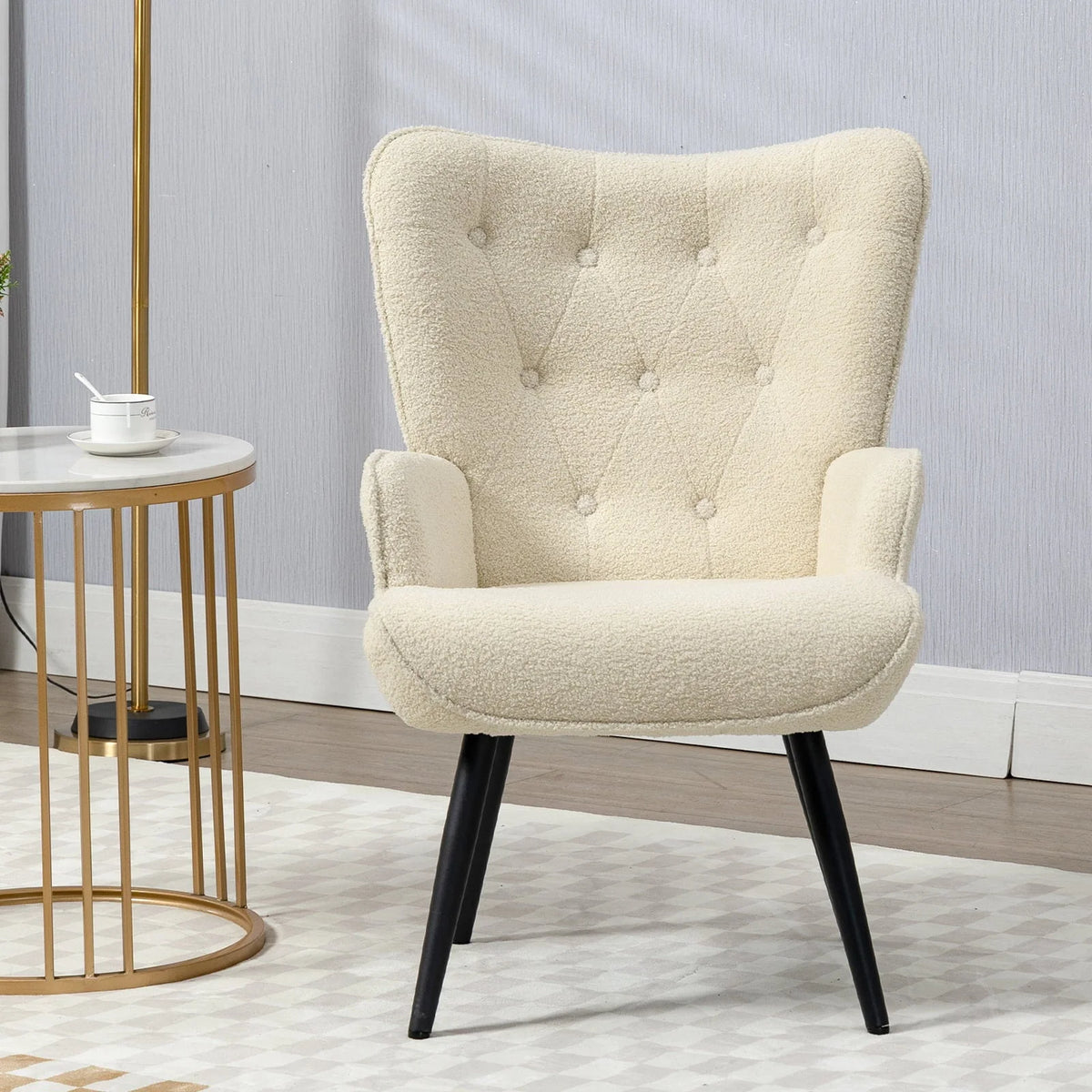 Furniliving Tufted Button Wingback Chair Upholstered Sherpa Accent Chair with Wide Arm Modern Leisure Club Chair, Lvory white