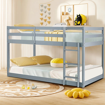 Twin Over Twin Floor Bunk Bed, UHOMEPRO Solid Wood Low Bunk Bed with Safety Rail, Ladder, Heavy Duty Bunk Beds, Space-Saving Bedroom Dorm Furniture, Gray