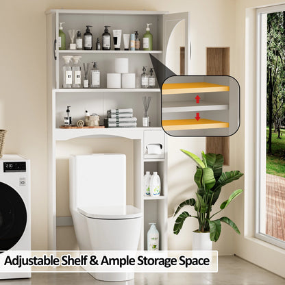 HARIPUL Over The Toilet Storage Cabinet w/ Unique Wood Grain & Arc Design, Freestanding Bathroom Shelf Organizer Space Saver w/ Doors & Anti-Tip Device, Wood Color