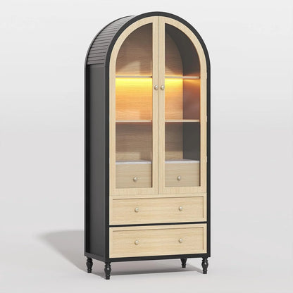 Arched Bookcase, Oak Arched Cabinet with Drawers, 71" Tall China Curio Cabinet, Display Cases for Collectibles, Vintage Bookshelf for Ding Room, Bedroom, Living Room