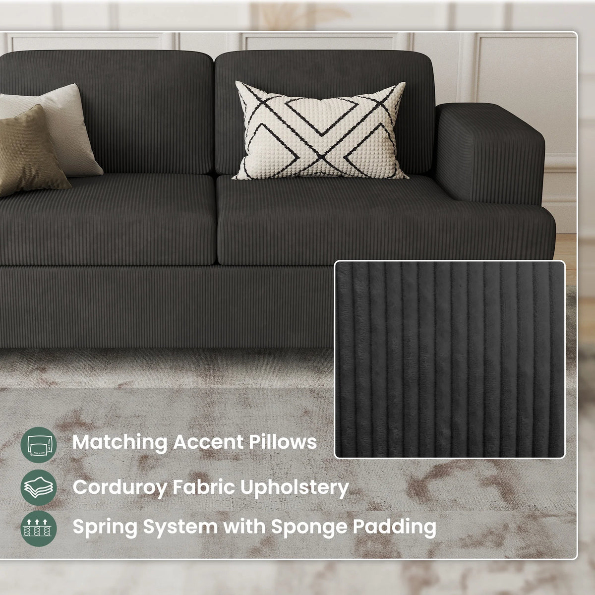 LUMIHO 89" Modern Corduroy Sofa,3 Seater Couches for Living Room, Bedroom,with Deep Seat,beige