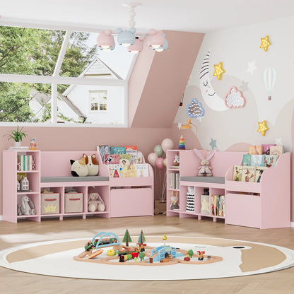 Homfa Kids Bookshelf with Reading Nook, 6 Shelf Bookcase with 1 Wood Toy Bin with 3 Tier Book Rack for Children Kidsroom
