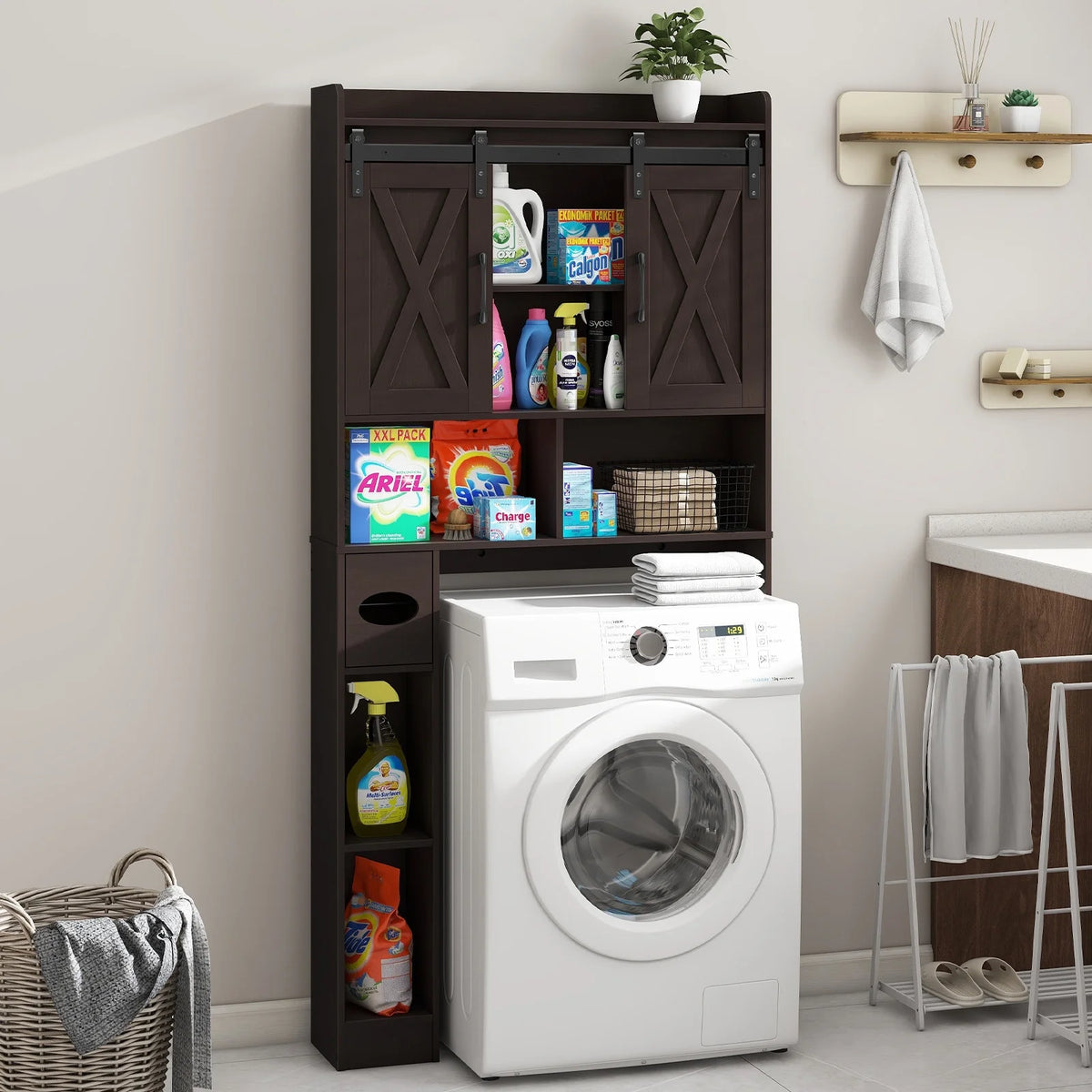 Over The Toilet Storage Cabinet, Farmhouse Storage Cabinet Over Toilet with Sliding Doors��Home Space-Saving Toilet Rack, for Bathroom, Restroom, Laundry