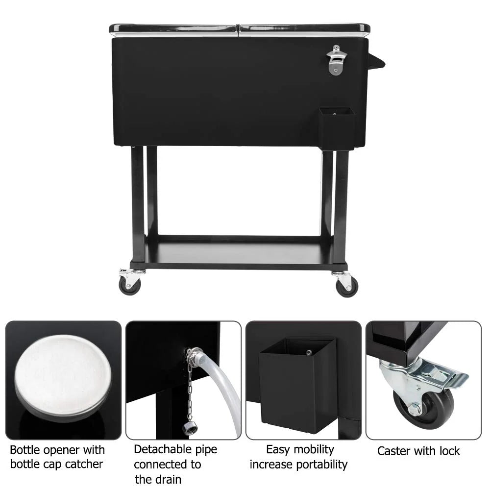BNSPLY 80 Quart Outdoor Cooler Cart Rolling Ice Chest Cooler Cart, Portable Patio Cooler with Bottle Opener, Handles and Drainage, Standing Cooler for Patio Party, Camping and BBQ, Mint Green
