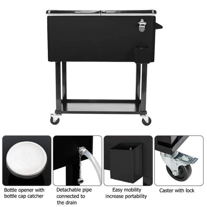 BNSPLY 80 Quart Outdoor Cooler Cart Rolling Ice Chest Cooler Cart, Portable Patio Cooler with Bottle Opener, Handles and Drainage, Standing Cooler for Patio Party, Camping and BBQ, Mint Green
