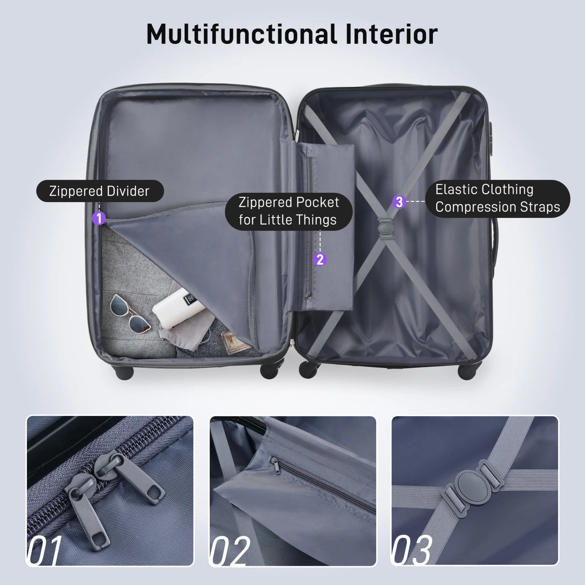 3 Piece ABS Luggage Set, Luggage with Spinner Wheel & TSA  20/24/28 inch, Purple