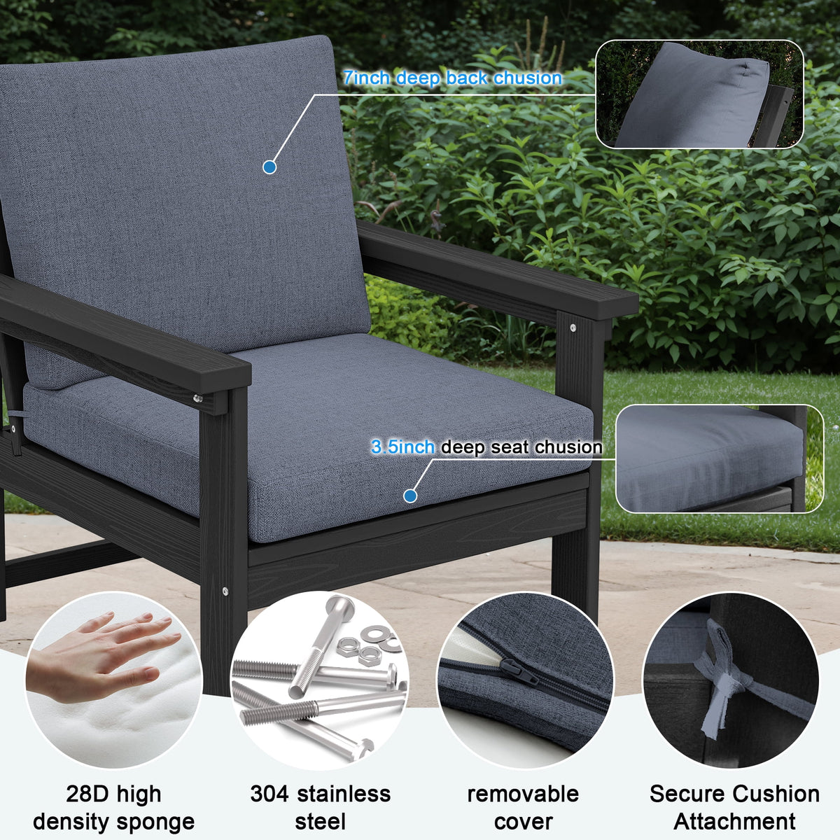 SERWALL Outdoor Patio Furniture Set, 7-Piece HDPE Outdoor Sofa Set Patio Conversation Set, Black Frame with Beige Cushions