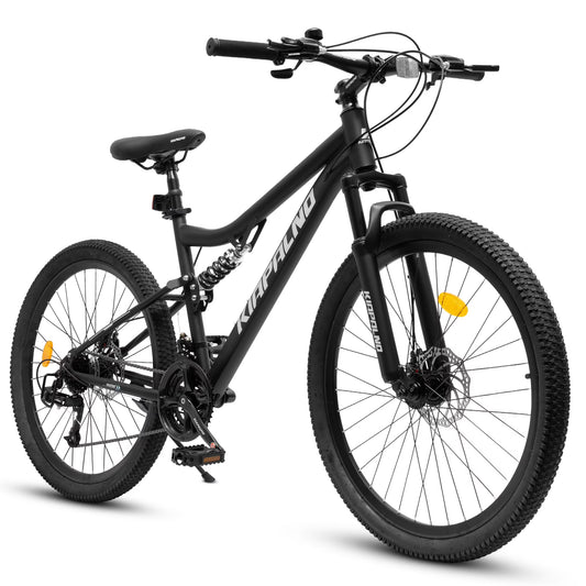 26 Inch Mountain Bike Dual Full Suspension, Shimano 21-Speed Mountain Bicycle with Dual Disc Brakes and Carbon Steel Frame, Trail Beach Snow Commuter City Bike for Adult Men Women, Black