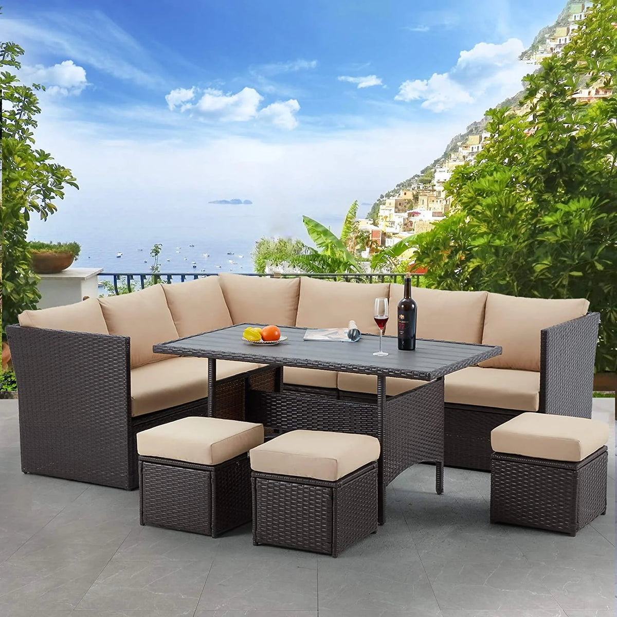 AECOJOY 7 Piece Patio Furniture Set PE Rattan Outdoor Dining Set Sectional Sofa Couch with Table Patio Conversation Set in Gray