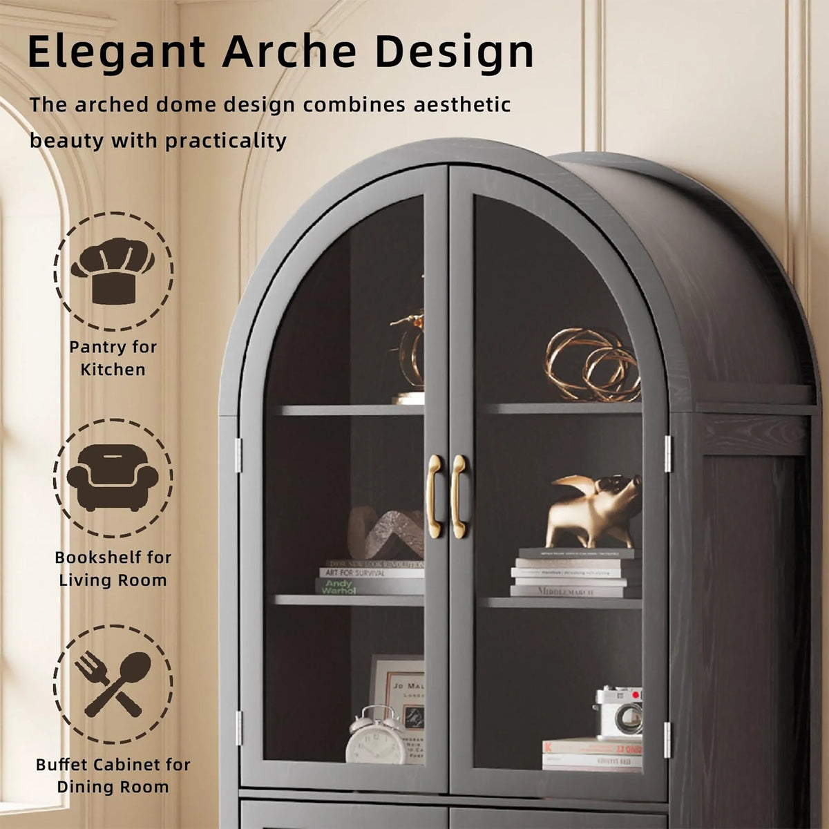 Tall Arched Storage Display Cabinet 5-Shelf with Acrylic Glass Doors, Kitchen Pantry Storage Cabinet Accent Cabinet Bookcase for Living Dining Room