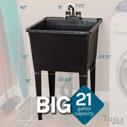 Tehila Freestanding Black Utility Sink with Black Faucet for Laundry Room