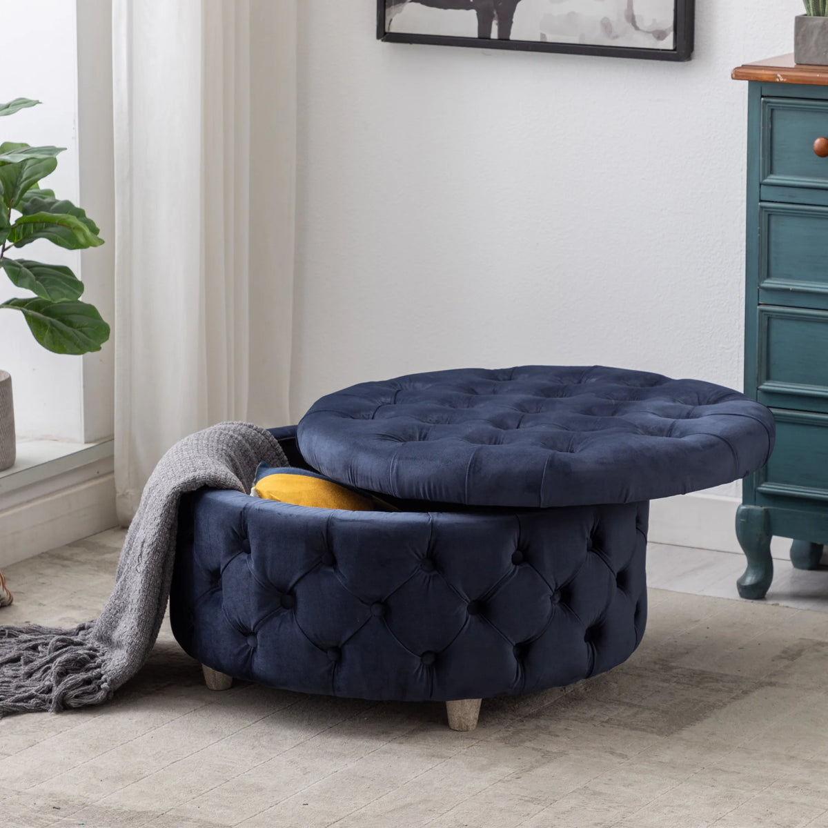 WestinTrends Wordford Round Velvet Tufted Storage Ottoman, Velvet Navy Blue