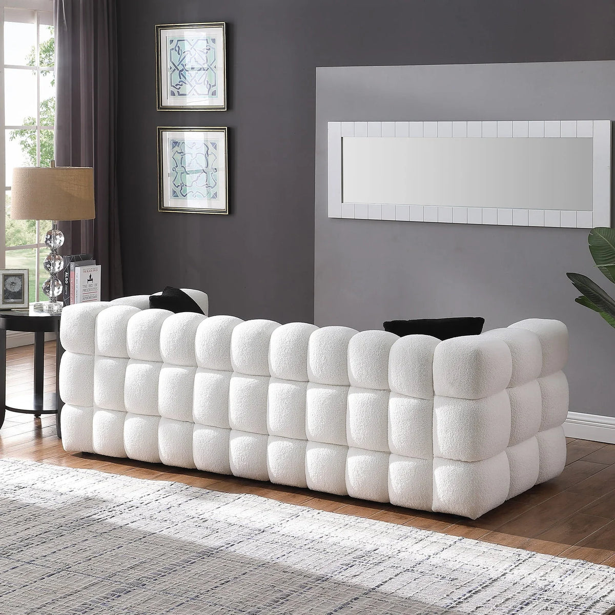 Holaki 3 Seater Sofa, 84.3" Modern Large Marshmallow Sofa with Boucle Arm, White