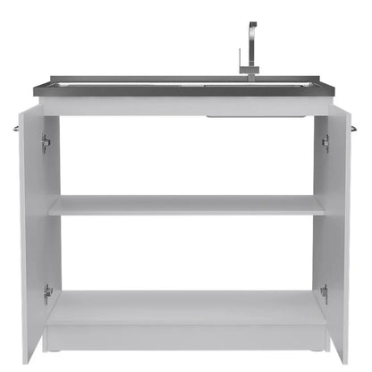Depot E-Shop Salento Freestanding Sink With Double Door Cabinet, 2 Shelves, White/Light Oak
