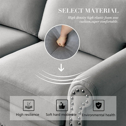 3 Seater Sofa, 82.6" Modern Linen Fabric Tufted Upholstered Accent Sofa with Storage Box and Silver Nails, Curved High Back and Solid Wood Leg for Living Room, 7 Inches Seat Cushion, Grey