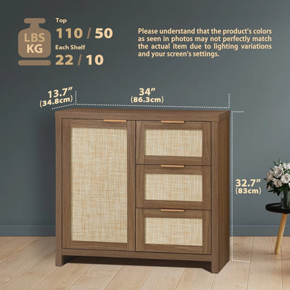 ARKANTOS Sideboards and Buffets, Boho Storage Cabinets with Rattan Doors and Drawers, Natural Oak