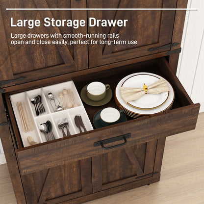 72" Tall Farmhouse Kitchen Pantry Cabinet w/1 Drawer & 4 Roomy Storage Shelves, Versatile Wood Storage Cabinet with 4 Barn Door & Adjustable Shelves &  for Dining Room Bathroom Utility Room