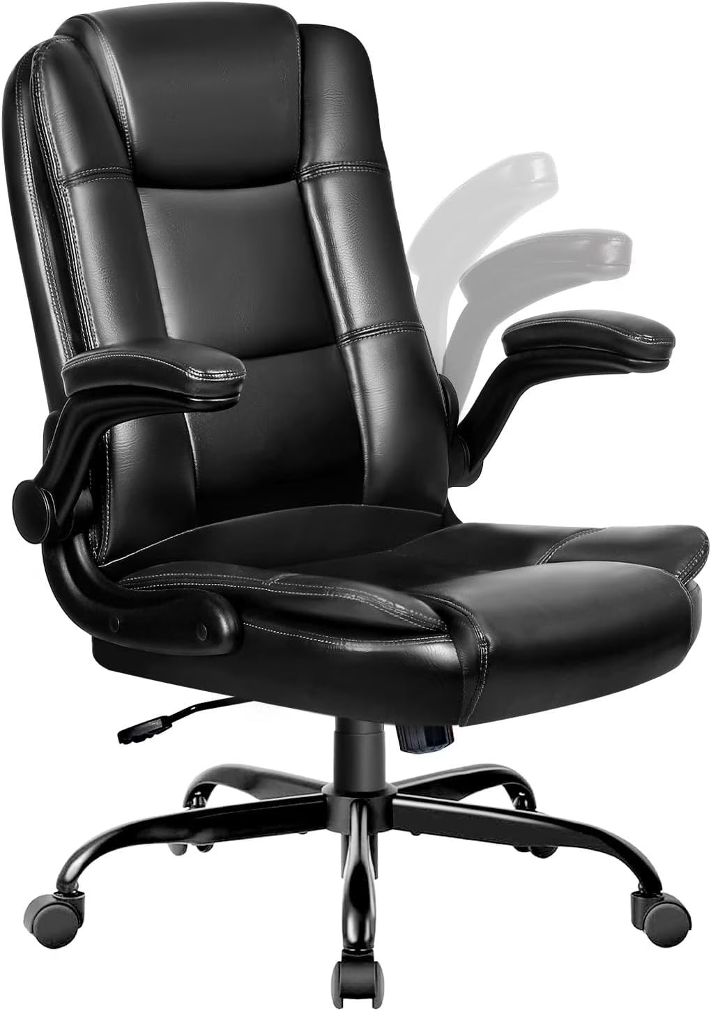 Office Chair - Ergonomic Leather Office Chair Computer Desk Chair, Comfortable High Back Office Chair with Adjustable Flip-up Armrest, Executive Leather Office Desk Chair with Smooth Wheels, Black