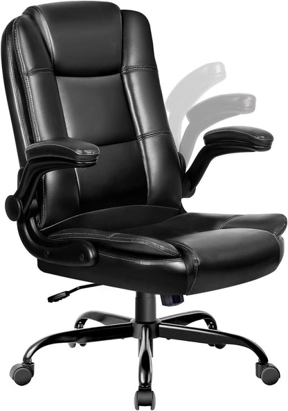 Office Chair - Ergonomic Leather Office Chair Computer Desk Chair, Comfortable High Back Office Chair with Adjustable Flip-up Armrest, Executive Leather Office Desk Chair with Smooth Wheels, Black