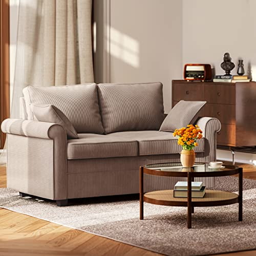 Koorlian Loveseat Sleeper Sofa Bed, Corduroy Pull Out Mattress Couch, 2 in 1 Sleeper Sofa with Memory Foam, 2 Seater Sofa for Living Room, Brown