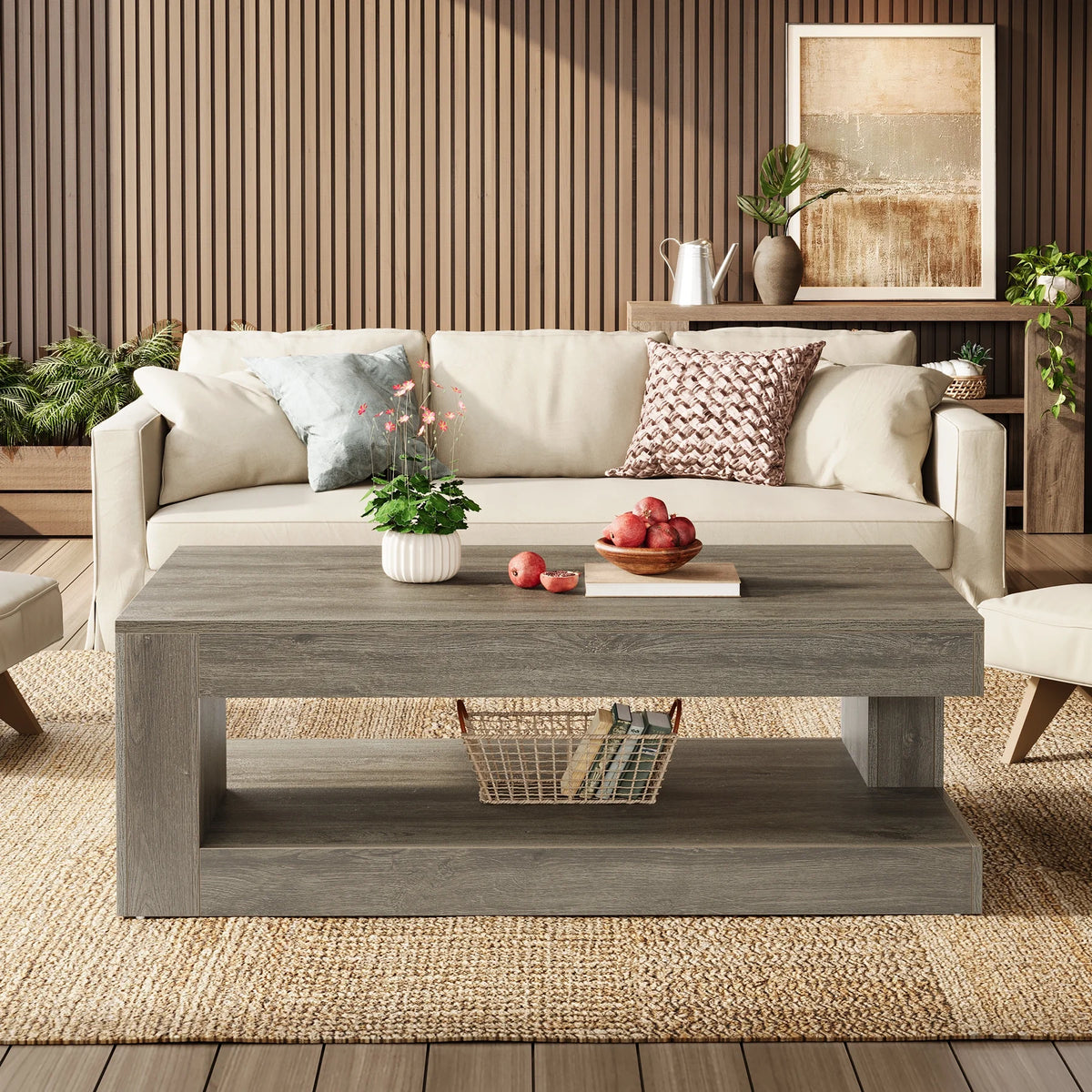 Tribesigns Coffee Table for Living Room, 47.24-Inch Farmhouse 2-Tier Accent Center Tea Cocktail Table with Storage, Elegant Grey, Rectangular