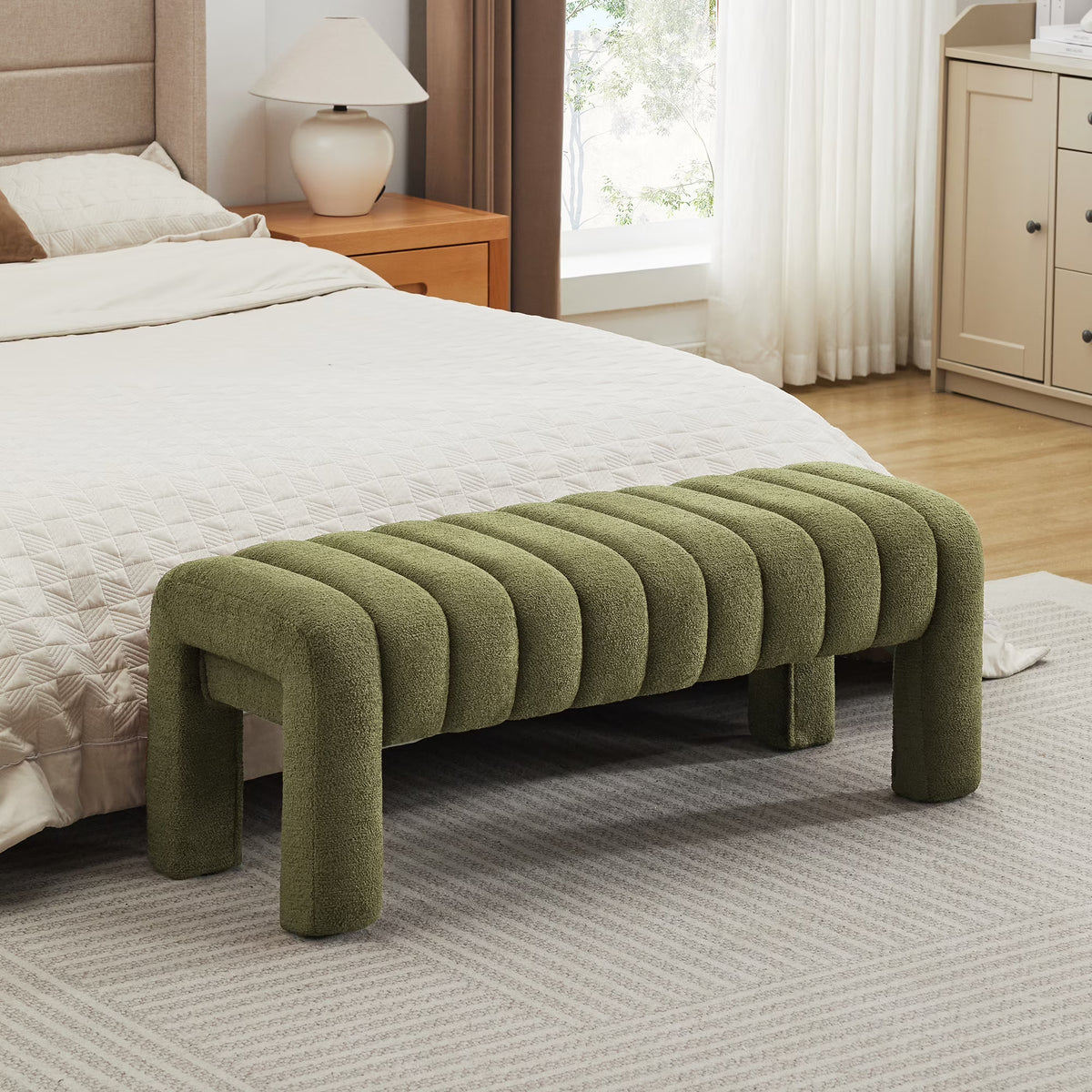 Zesthouse 63�� End of Bed Bench, Linen Tufted Upholstered Ottoman Bench with Padded Seat and Solid Wood Leg, Modern Entryway Bench for Bedroom, Living Room, Beige