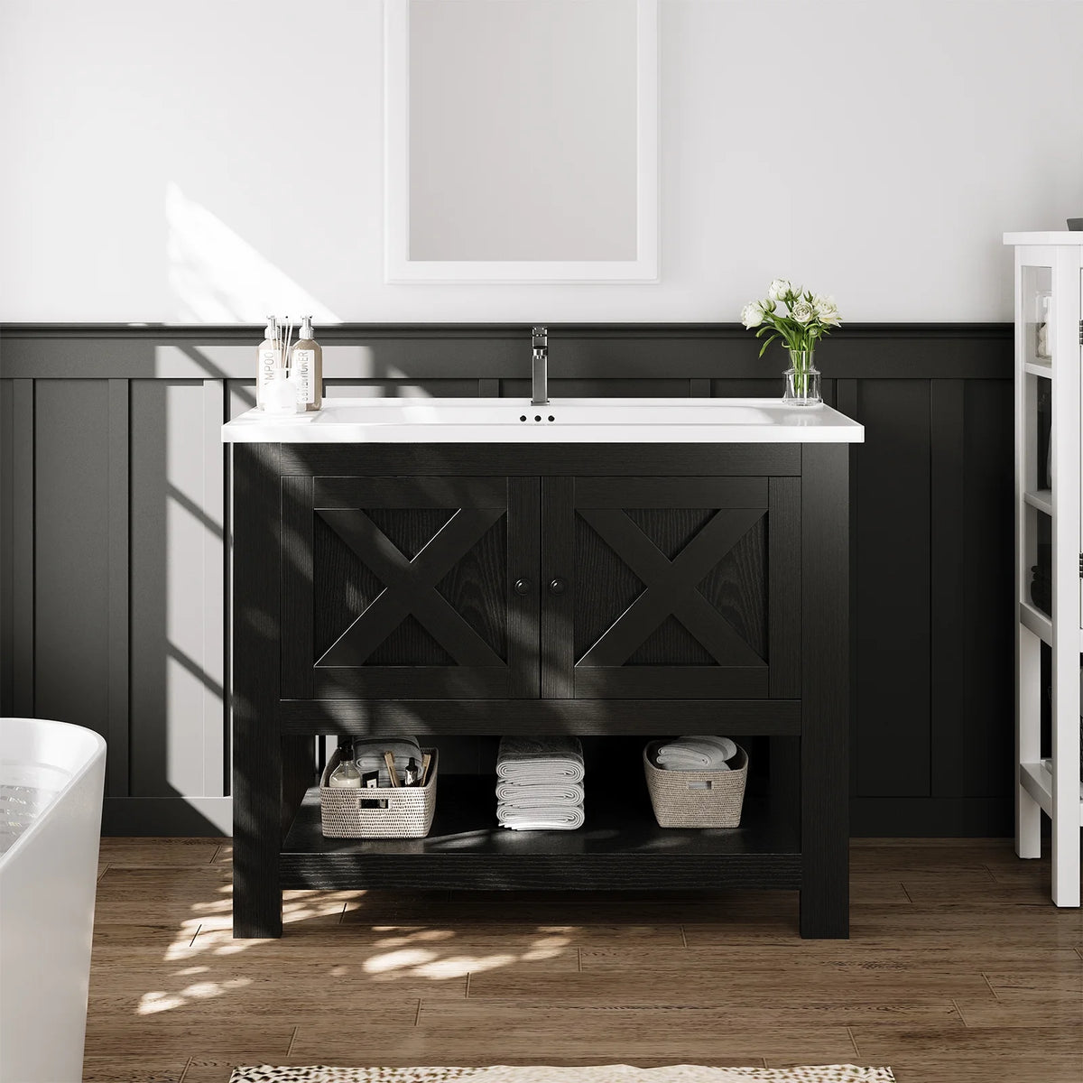 DreamCurship Bathroom Vanity with Sink Combo, 35'' Bathroom Storage Cabinet with Storage, Farmhouse Bathroom Vanity Cabinet with 2 Doors and Open Shelf, White