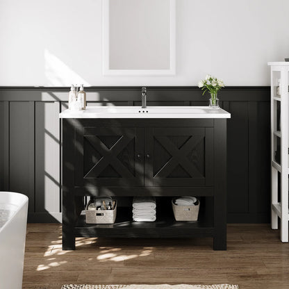 DreamCurship Bathroom Vanity with Sink Combo, 35'' Bathroom Storage Cabinet with Storage, Farmhouse Bathroom Vanity Cabinet with 2 Doors and Open Shelf, White
