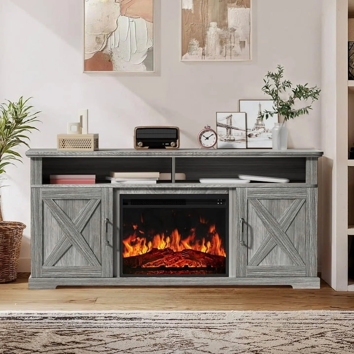 Electric Fireplace TV Stand for TVs up to 75", Farmhouse Entertainment Center with Fireplace, Grey