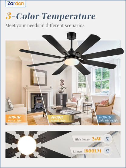 Zardon 62" Black Modern Ceiling Fan with Light and Remote Control, Reversible Quiet DC Motor, Bright LED Light, 6-Speed, Timer for Bedroom, Living Room