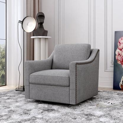 Swivel Accent Chair Armchair, 360�� Swivel Chair in Cotton Linen, Living Room Chairs with Wide Cusion and Curved Armrest, Comfy Barrel Sofa Reading Chairs for Bedroom, Small Spaces, Office, Grey