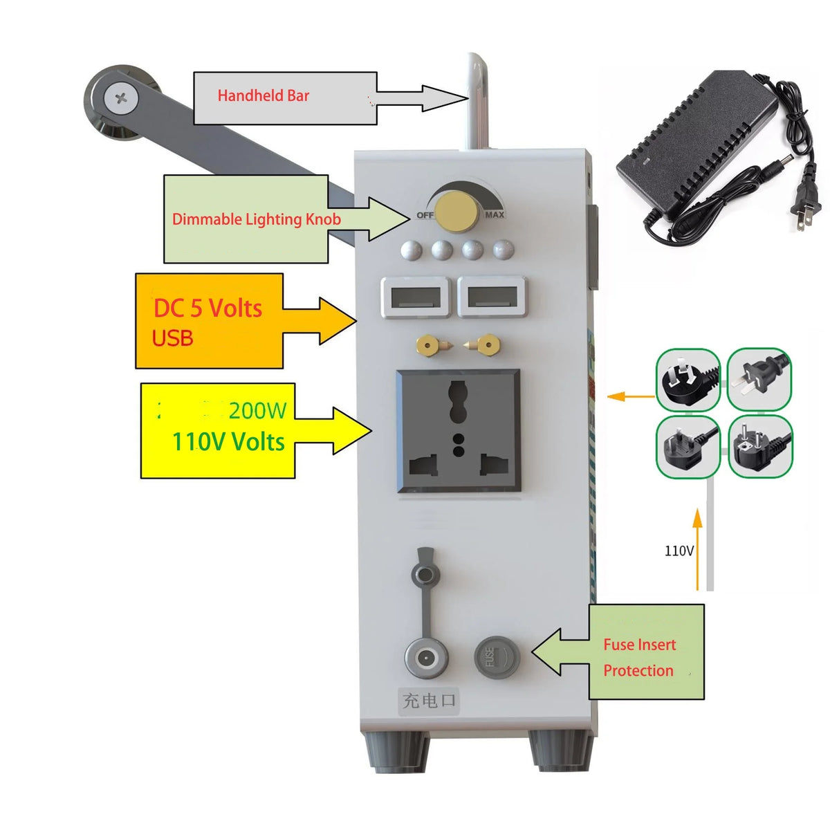 Hand Crank Generator Portable Outdoor Emergency Power Supply Mobile Phone Charger DC5V 12V 110V 200 Watts