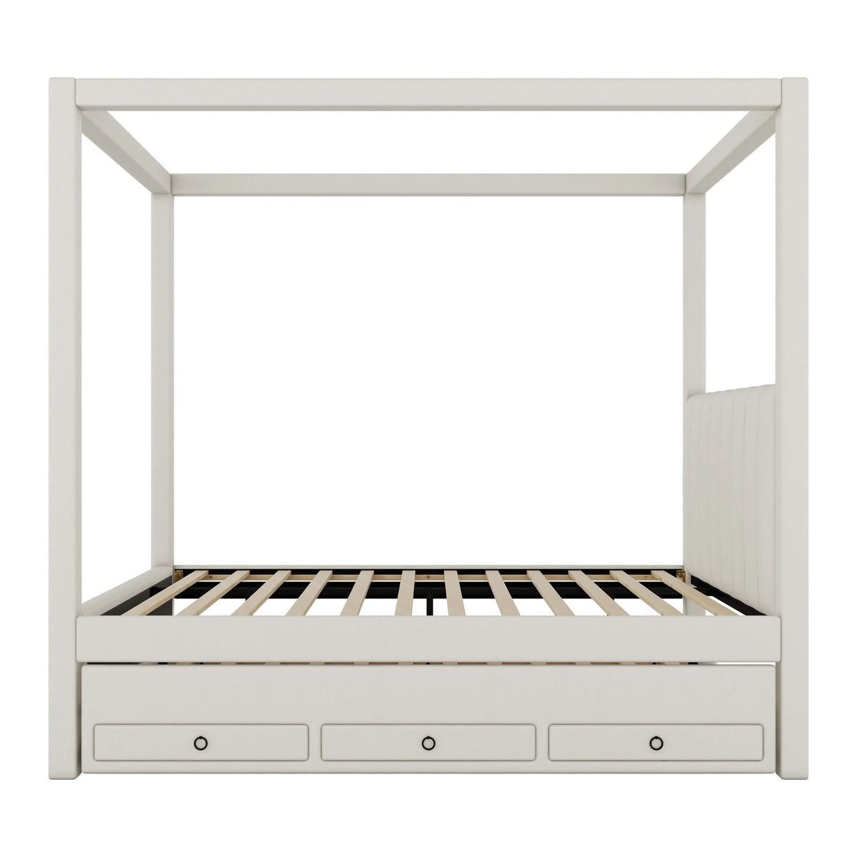 EUROCO Upholstered Full Size Canopy Bed Frame with Trundle Bed and 3 Drawers, Platform Bed with Headboard for Kids Teens Adults, Beige