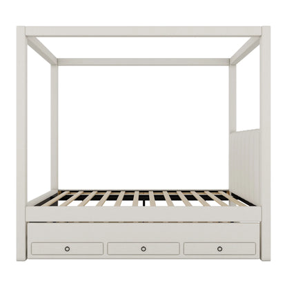 EUROCO Upholstered Full Size Canopy Bed Frame with Trundle Bed and 3 Drawers, Platform Bed with Headboard for Kids Teens Adults, Beige