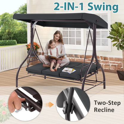 MCombo 3-Seat Outdoor Patio Swing Chair Cushioned with Adjustable Backrest and Canopy, Pillow, Brown