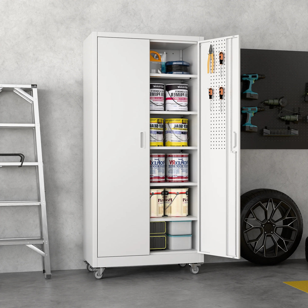 SUPEER Metal Rolling Storage Cabinets with Locking Doors and 5 Adjustable Shelves, Steel Garage Storage Cabinet for Garage, Office, Classroom, Assemble Required(Black)