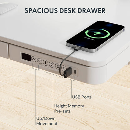 FLEXISPOT 48" W Home Office Height Adjustable Standing Desk White and Maple with USB Charge Ports and Embedded Drawer