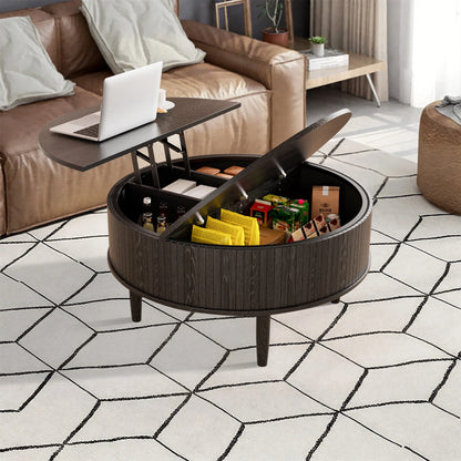 Oubayajia Round Coffee Table, Small Fluted Lift Top Center Table for Home Living Room Office, Walnut