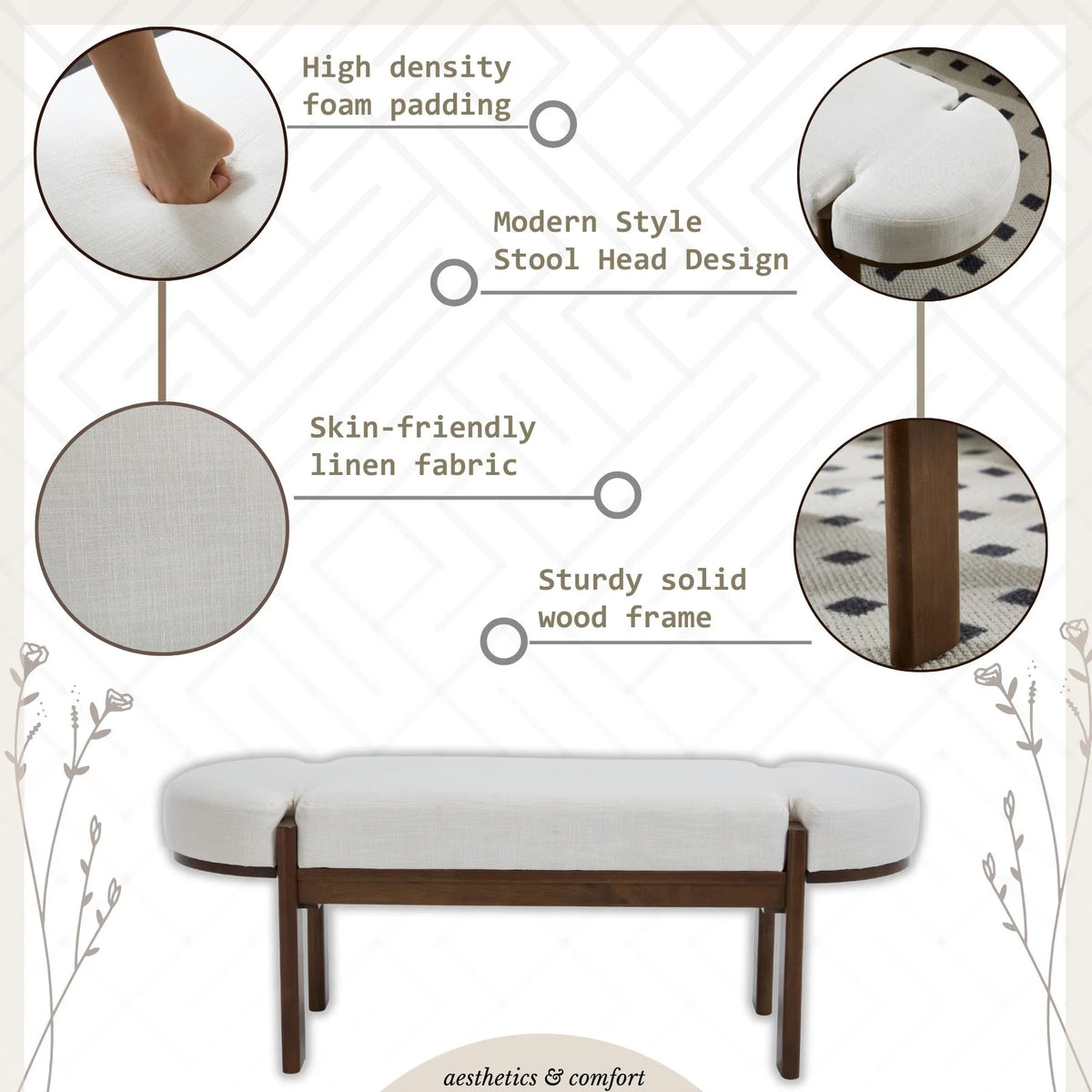 Dayalane 51" Modern Upholstered Bedroom Bench, Linen End of Bed Bench with Wooden Legs for Living Room, Entryway,Hallway Footrest, Beige