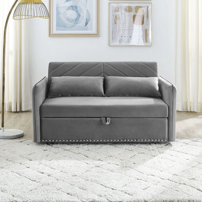 55" Convertible Sleeper Sofa Bed,3 in 1 Convertible Sleeper Loveseat with USB Ports,Modern Velvet Pull Out Sofa Bed with 2 Pillows and Rivet Design for Living Room Furniture,Gray