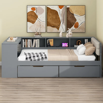 Euroco Wood Twin Size Platform Bed with Desk and Shelves, Drawers and USB Charging for Kids, Cream