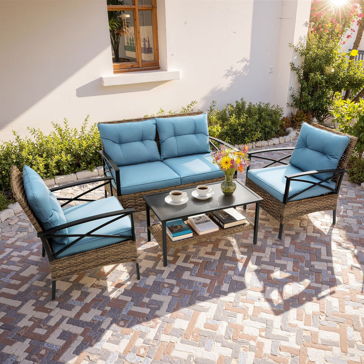 Patio Sofa Set, 4 Pieces Outdoor Sectional Furniture, All-Weather PE Rattan Wicker Patio Conversation Set, Cushioned Sofa Set with Coffee Table for Patio Garden Poolside Deck