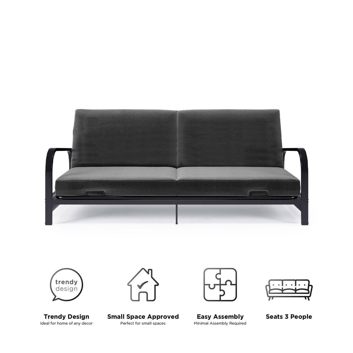 DHP College Metal Arm Futon, Black Frame with Gray Mattress